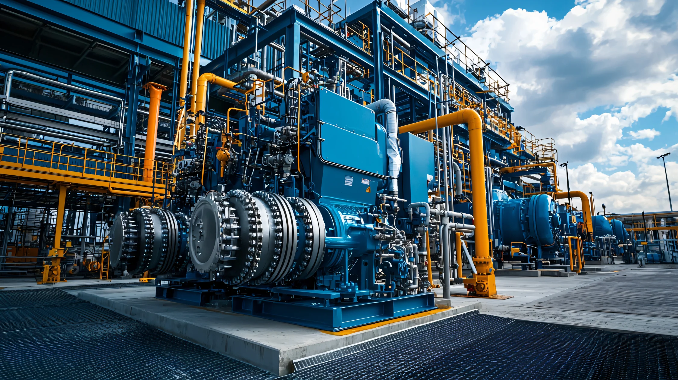 Large natural gas compressor station with multiple compressors and pipelines at industrial facility